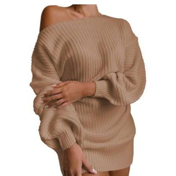 So Chic Off-The-Shoulder Sexy Sweater Dress- Blush - Picture 2 of 4